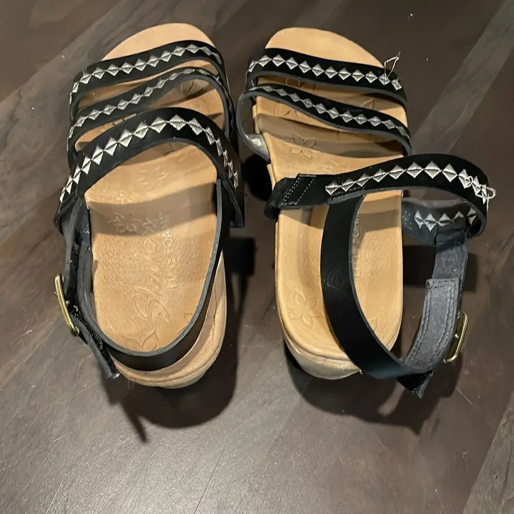 SKECHERS Women's Boho Becka Counting Summers Slingback Wedge Black Sandal 6 1/2